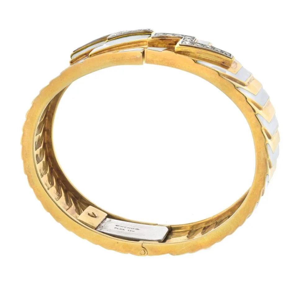 David Webb Platinum & 18K Yellow Gold Zig Zag Diamond Motif White Enamel Bangle Bracelet — view 4 — Laura Milman New York