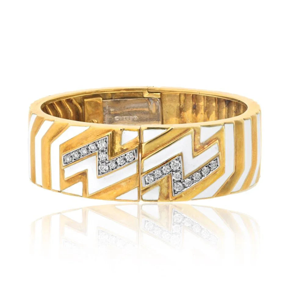David Webb Platinum & 18K Yellow Gold Zig Zag Diamond Motif White Enamel Bangle Bracelet — Laura Milman New York