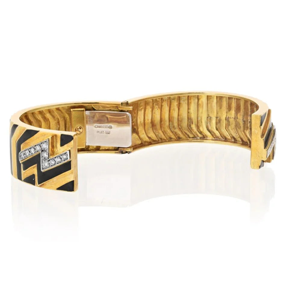 David Webb Platinum & 18K Yellow Gold Stripe Black Enamel Diamond Zig Zag Bracelet — view 2 — Laura Milman New York