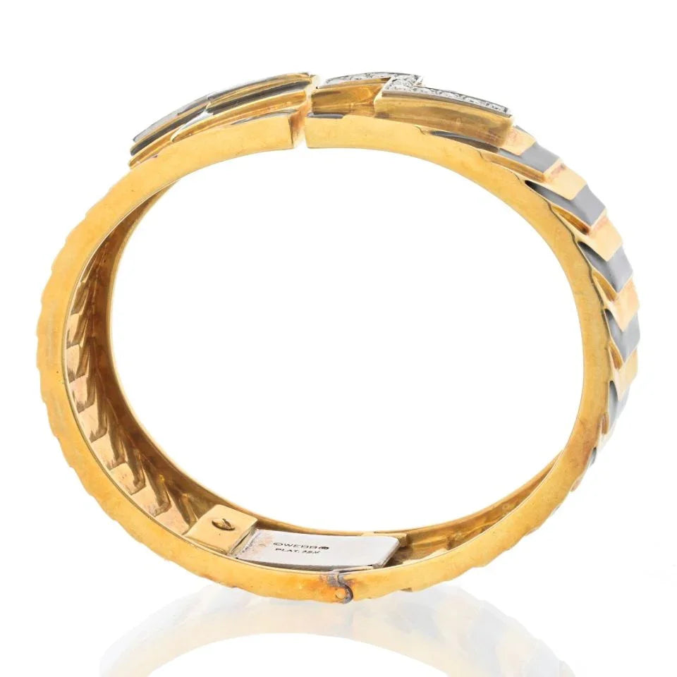 David Webb Platinum & 18K Yellow Gold Stripe Black Enamel Diamond Zig Zag Bracelet — view 4 — Laura Milman New York