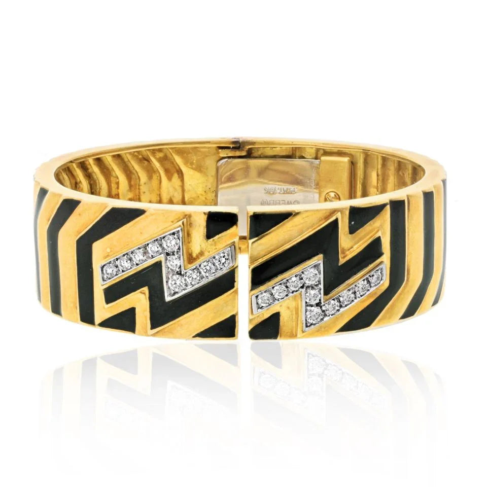David Webb Platinum & 18K Yellow Gold Stripe Black Enamel Diamond Zig Zag Bracelet — Laura Milman New York