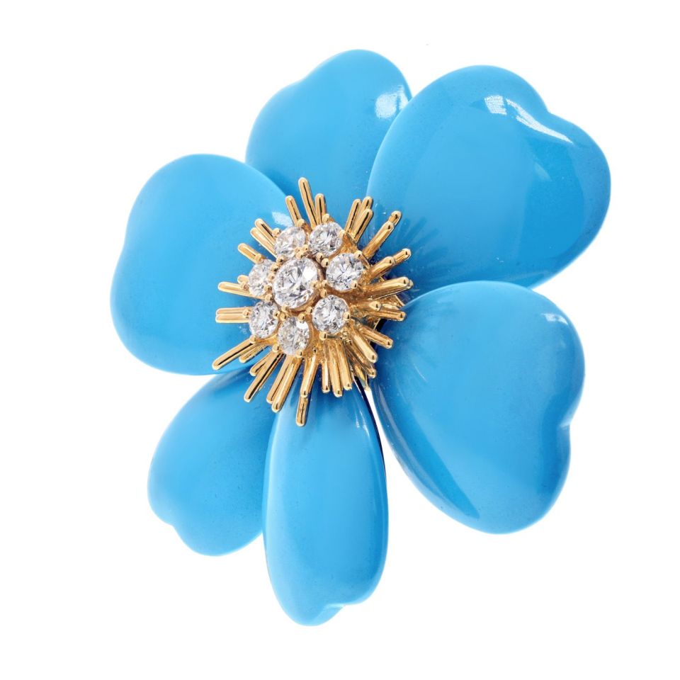 Van Cleef Arpels 18K Yellow Gold Turquoise Rose De Noel Large Model Brooch