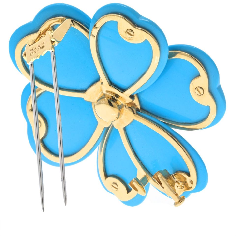 Van Cleef Arpels 18K Yellow Gold Turquoise Rose De Noel Large Model Brooch