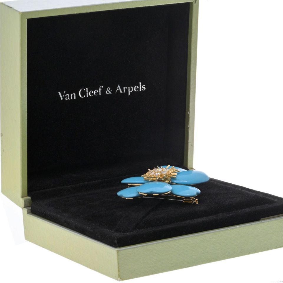 Van Cleef Arpels 18K Yellow Gold Turquoise Rose De Noel Large Model Brooch