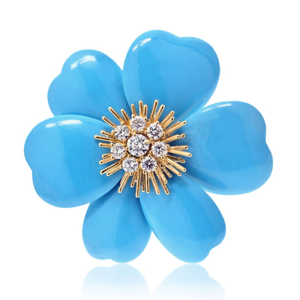 Van Cleef Arpels 18K Yellow Gold Turquoise Rose De Noel Large Model Brooch