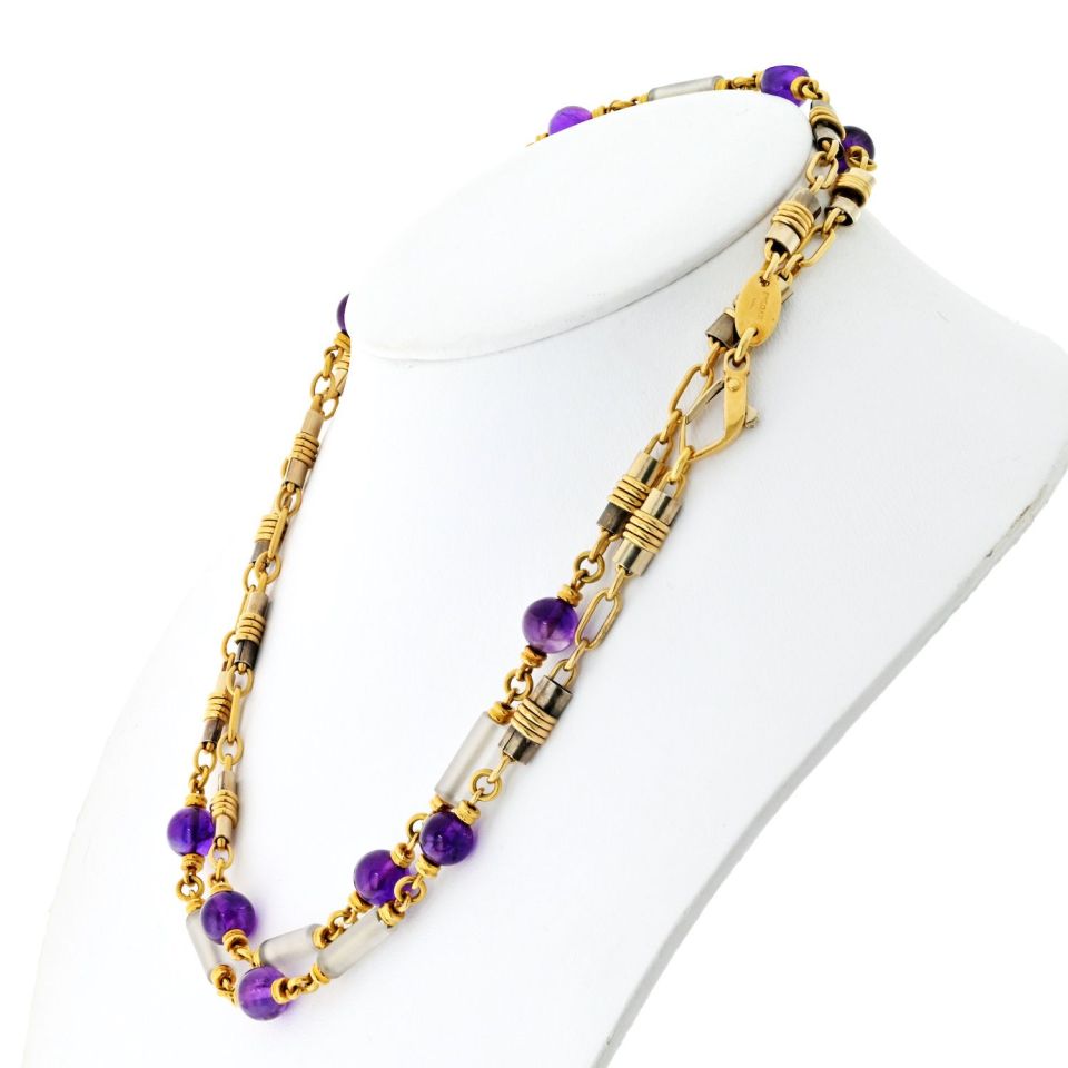 Vintage Bvlgari 18K Yellow Gold Amethyst Crystal Chain Necklace 34.5 Inches