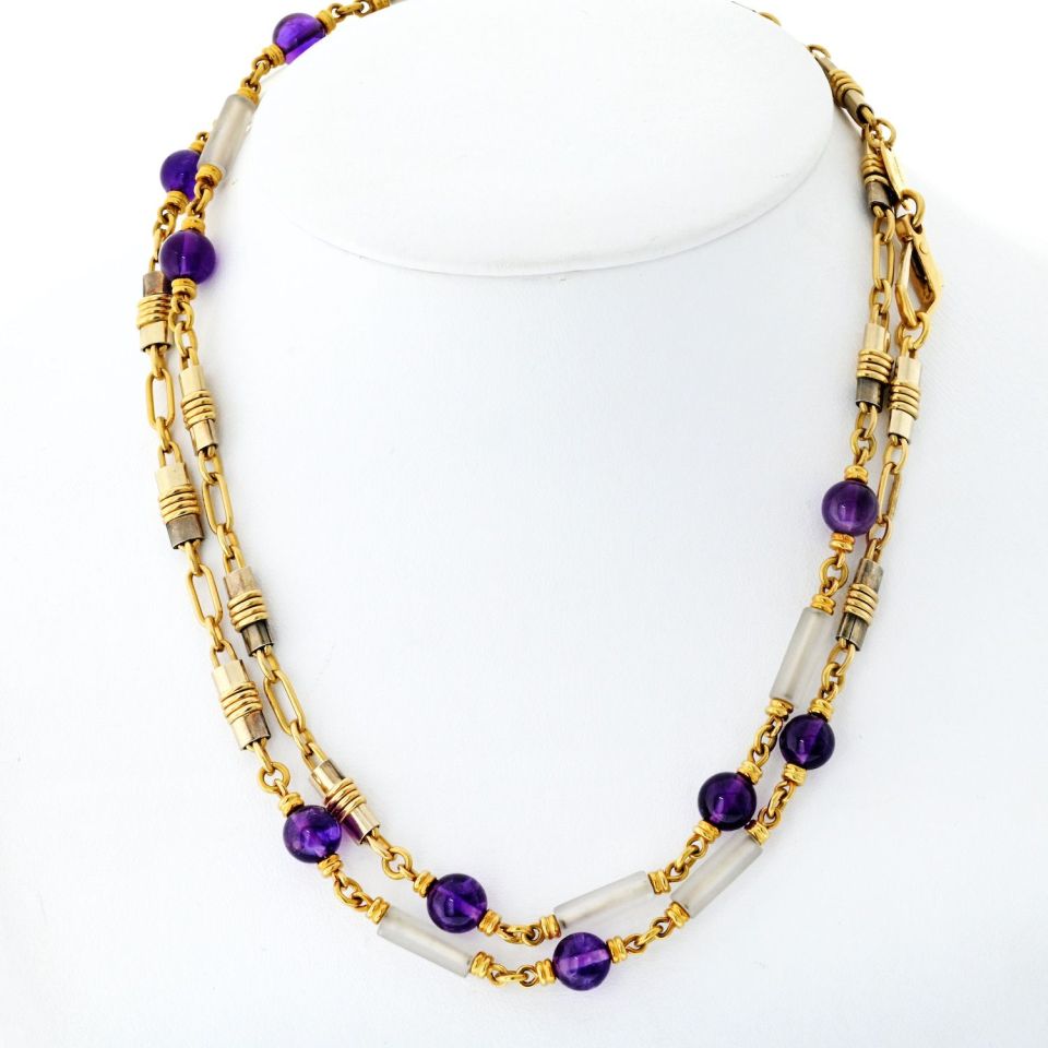 Vintage Bvlgari 18K Yellow Gold Amethyst Crystal Chain Necklace 34.5 Inches
