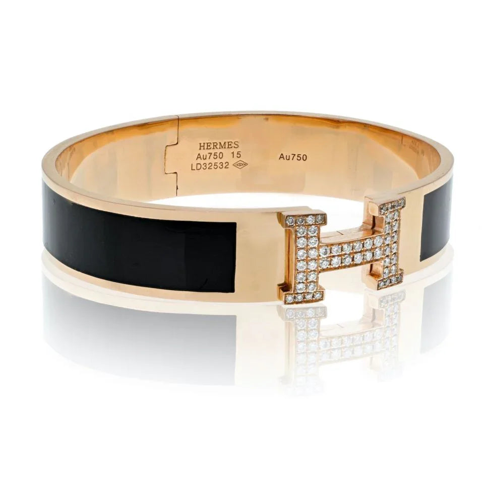Hermès 18K Yellow Gold Clic Clac H Diamond Black Enamel Bracelet — view 2 — Laura Milman New York