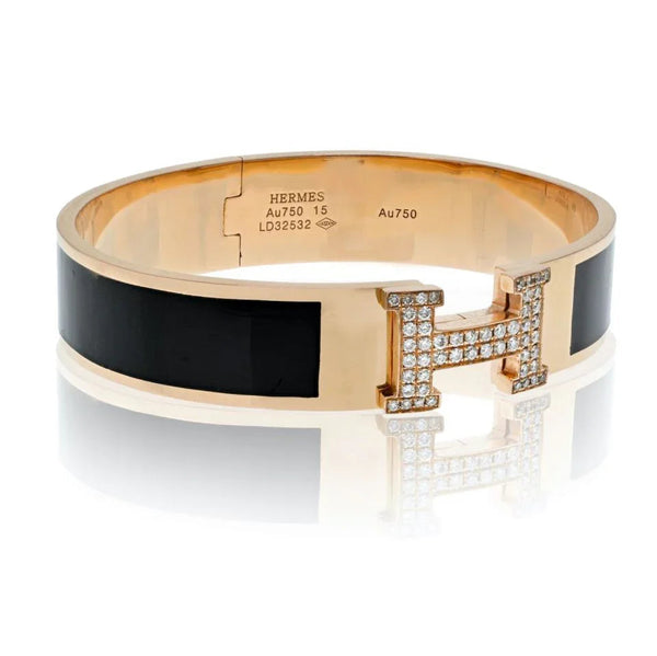 Hermès 18K Yellow Gold Clic Clac H Diamond Black Enamel Bracelet — view 2