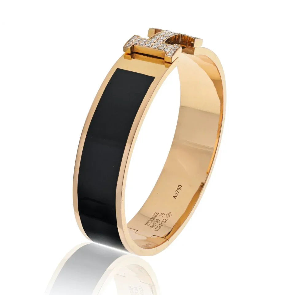 Hermès 18K Yellow Gold Clic Clac H Diamond Black Enamel Bracelet — view 3 — Laura Milman New York