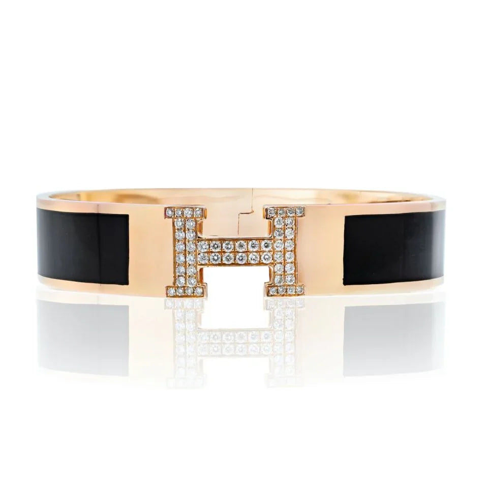 Hermès 18K Yellow Gold Clic Clac H Diamond Black Enamel Bracelet — Laura Milman New York