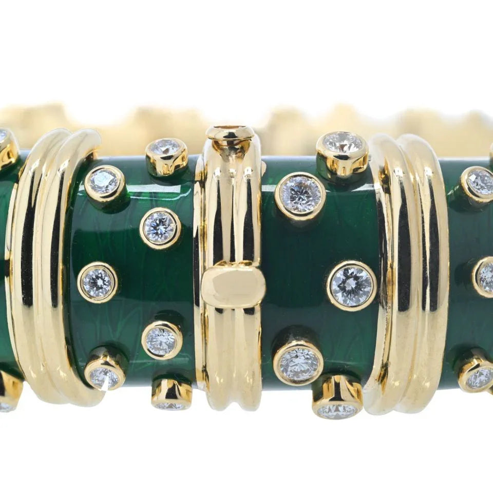 Tiffany & Co. Schlumberger 18K Yellow Gold Dark Green Enamel And Diamond Bracelet — view 4 — Laura Milman New York