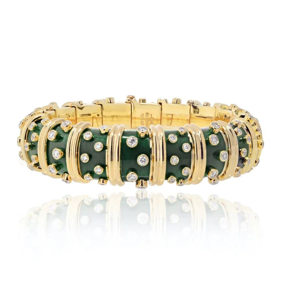 Tiffany & Co. Schlumberger 18K Yellow Gold Dark Green Enamel And Diamond Bracelet — Laura Milman New York