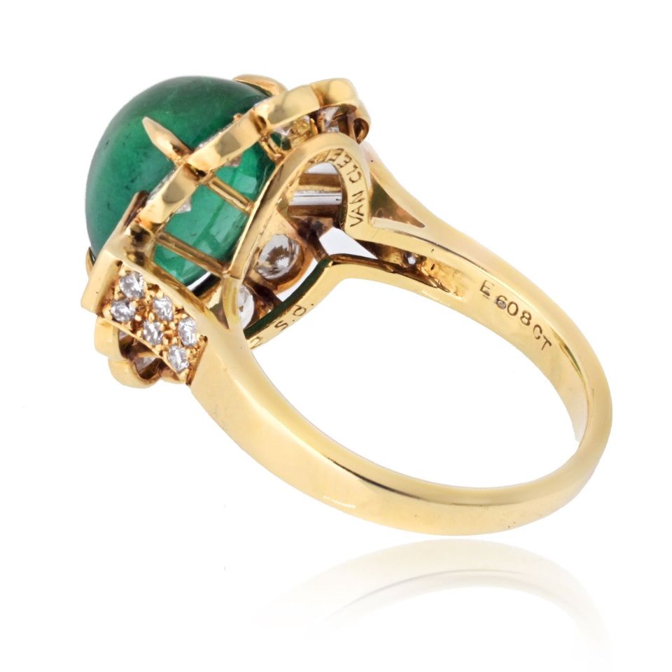 Van Cleef & Arpels 18K Yellow Gold 1960's Cabochon Cut Green Emerald And Diamond Ring — view 3 — Laura Milman New York