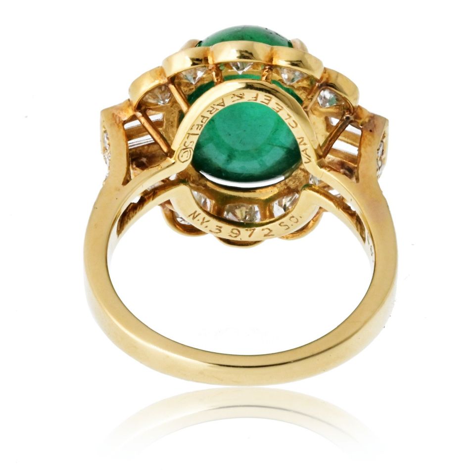 Van Cleef & Arpels 18K Yellow Gold 1960's Cabochon Cut Green Emerald And Diamond Ring — view 4 — Laura Milman New York