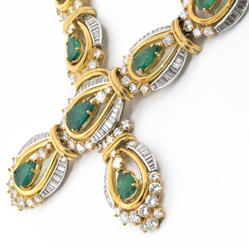 Chaumet Emerald Platinum & 18K Yellow Gold Diamond And Green Emerald Ladies Necklace — view 2 — Laura Milman New York