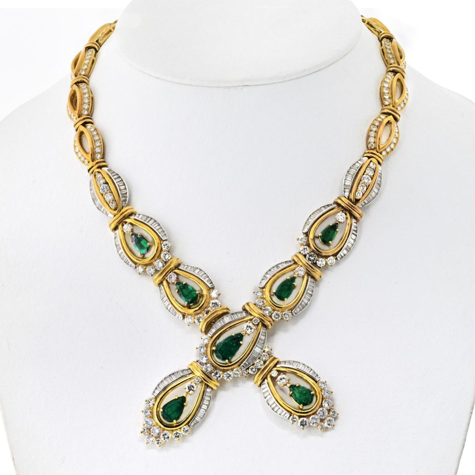 Chaumet Emerald Platinum & 18K Yellow Gold Diamond And Green Emerald Ladies Necklace — Laura Milman New York