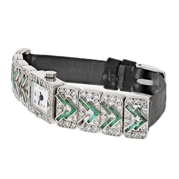 Pre-Owned Chopard Platinum Deco Diamond And Green Emerald Women Watch view 2 - Chopard