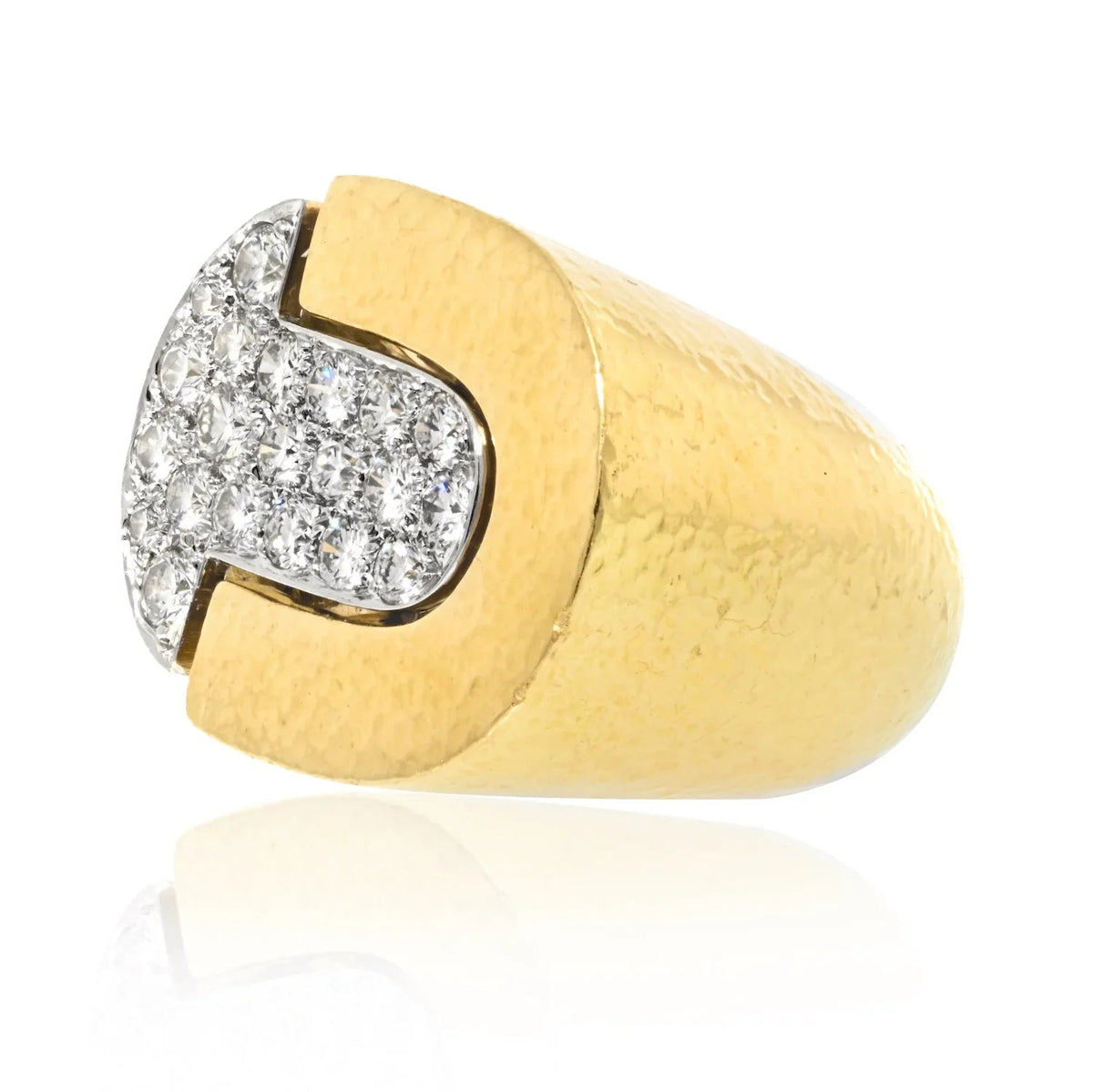 David Webb Platinum & 18K Yellow Gold Pave Hammered Diamond Cocktail Ring — view 2 — Laura Milman New York