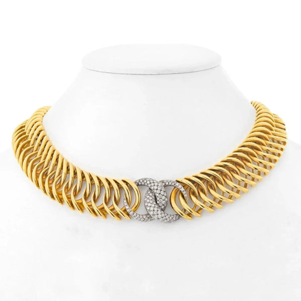 Pre-Owned Verdura 18K Yellow Gold Double Crescent Pave Diamond Link Necklace - Verdura Necklace