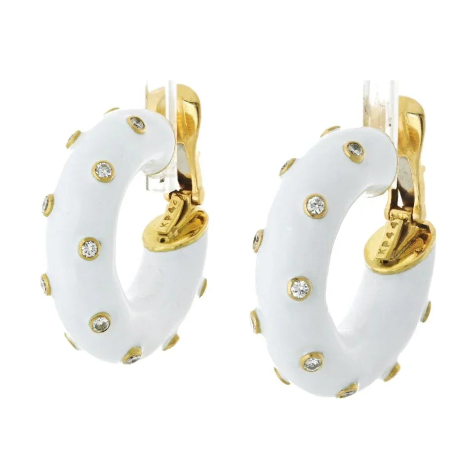 David Webb Platinum & 18K Yellow Gold White Enamel And Diamond Mini Hoop Earrings — view 2 — Laura Milman New York