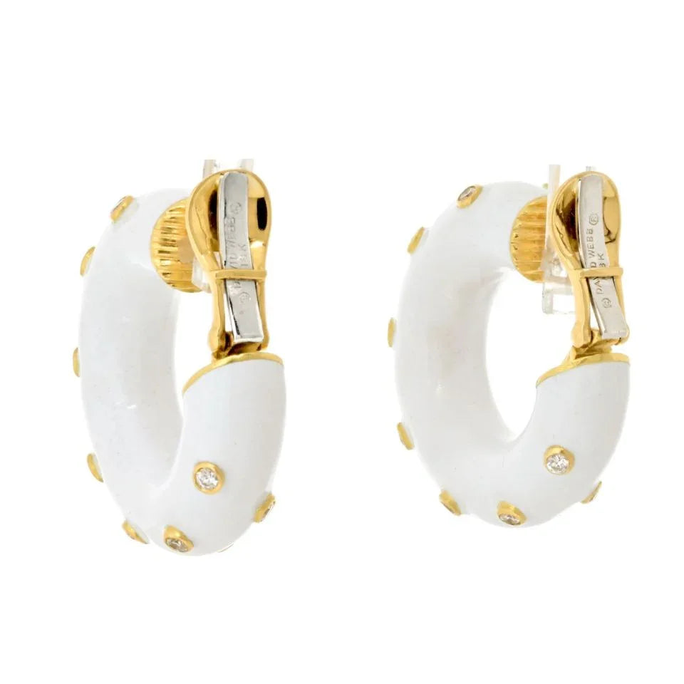 David Webb Platinum & 18K Yellow Gold White Enamel And Diamond Mini Hoop Earrings — view 3 — Laura Milman New York