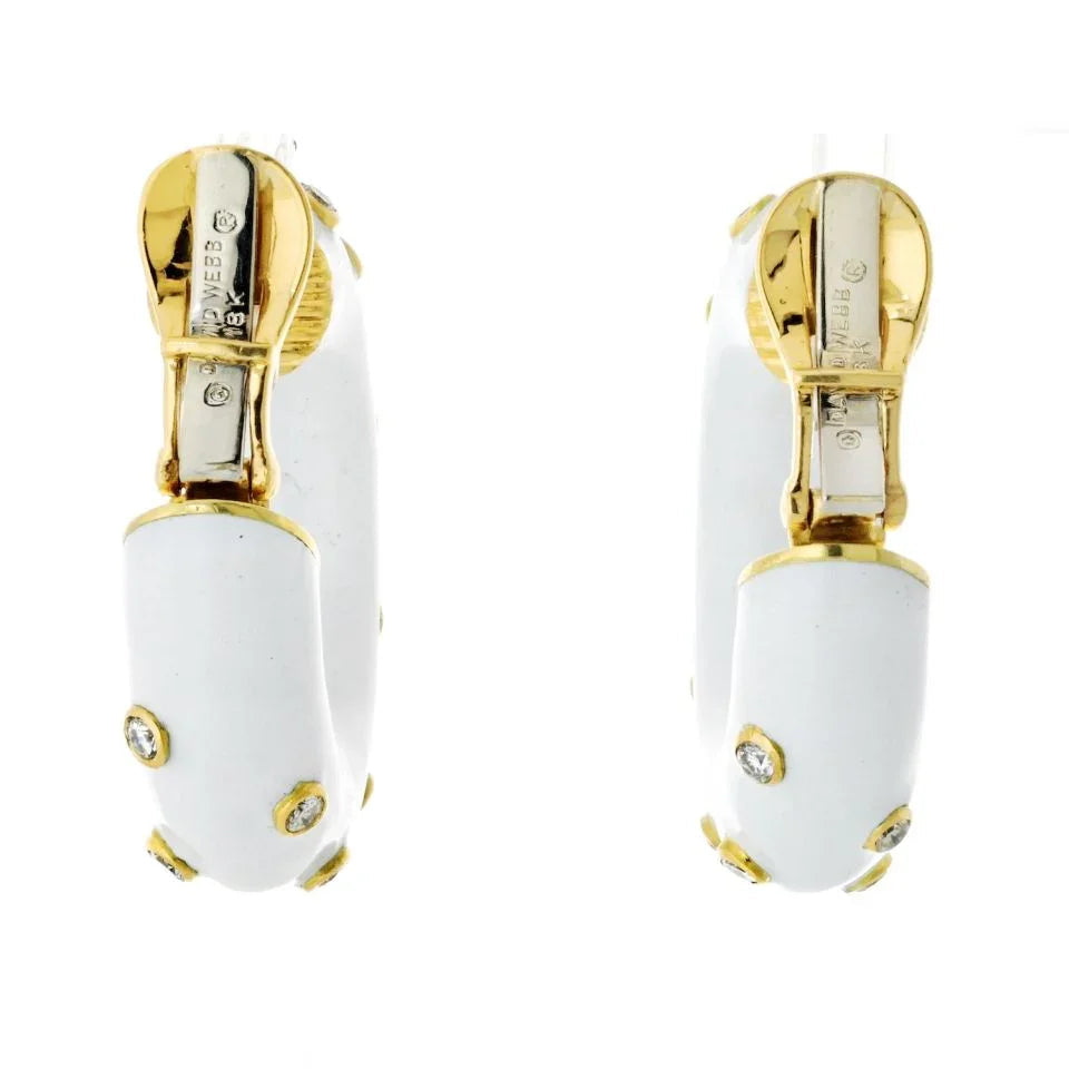 David Webb Platinum & 18K Yellow Gold White Enamel And Diamond Mini Hoop Earrings — view 4 — Laura Milman New York