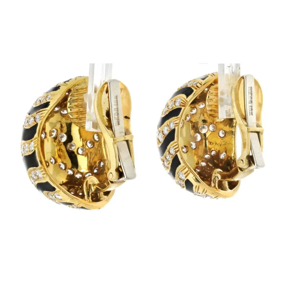 David Webb 18K Yellow Gold Zebra Style Pave Diamond Set Dome Clip On Earrings — view 3 — Laura Milman New York