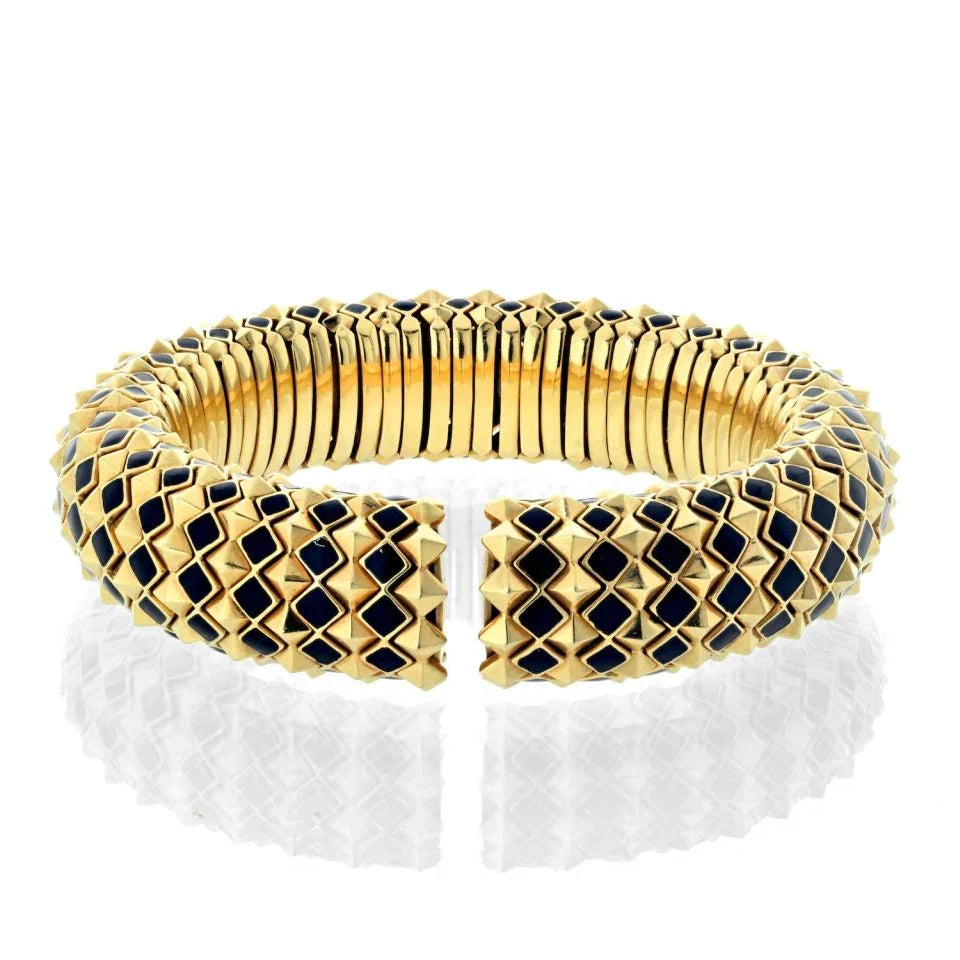 David Webb 18K Yellow Gold Spike Black Enamel Pyramid Slip On Bracelet — view 3 — Laura Milman New York