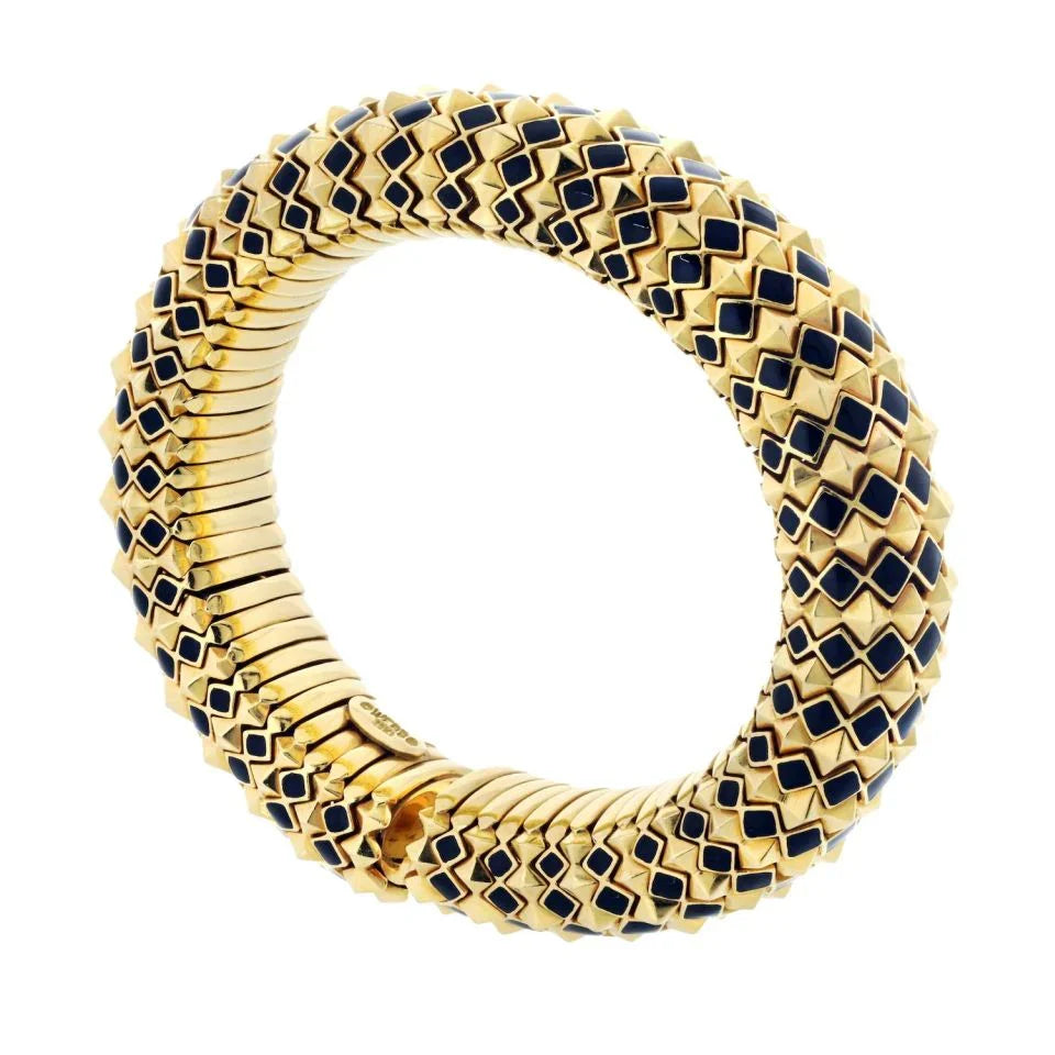 David Webb 18K Yellow Gold Spike Black Enamel Pyramid Slip On Bracelet — view 4 — Laura Milman New York
