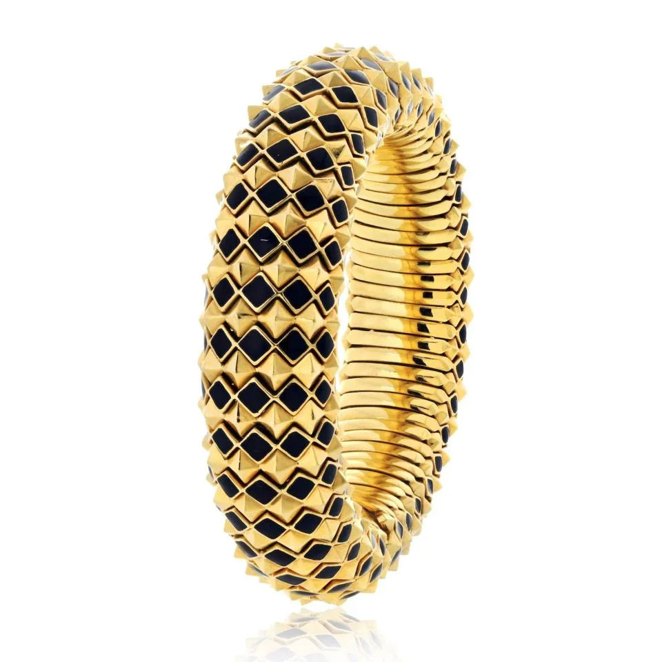 David Webb 18K Yellow Gold Spike Black Enamel Pyramid Slip On Bracelet — Laura Milman New York