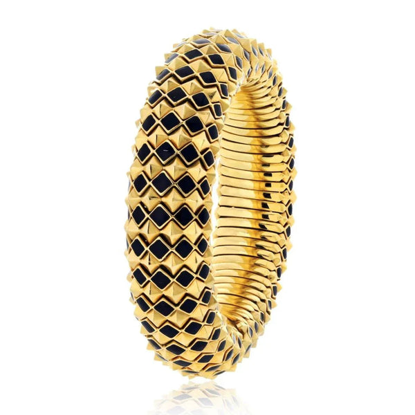 David Webb 18K Yellow Gold Spike Black Enamel Pyramid Slip On Bracelet