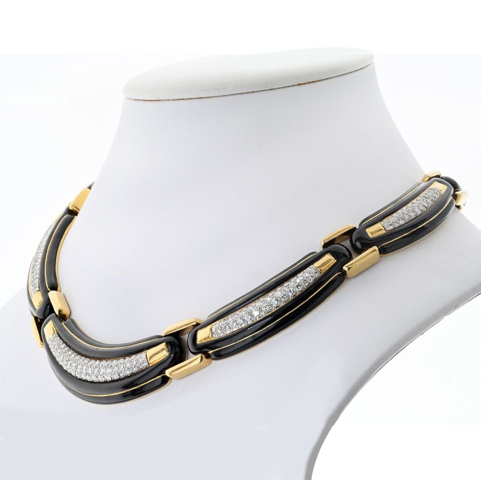 David Webb Collar Platinum & 18K Yellow Gold Black Enamel And Collar Necklace — view 2 — Laura Milman New York
