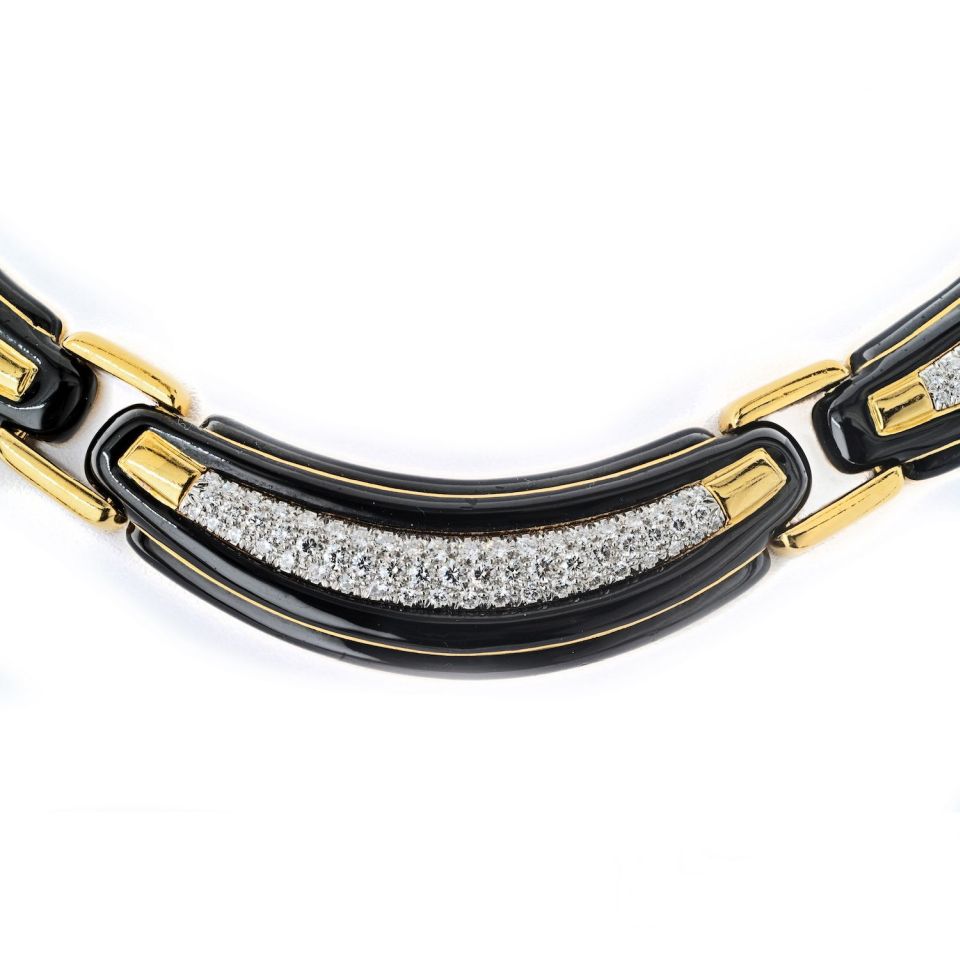 David Webb Collar Platinum & 18K Yellow Gold Black Enamel And Collar Necklace — view 3 — Laura Milman New York