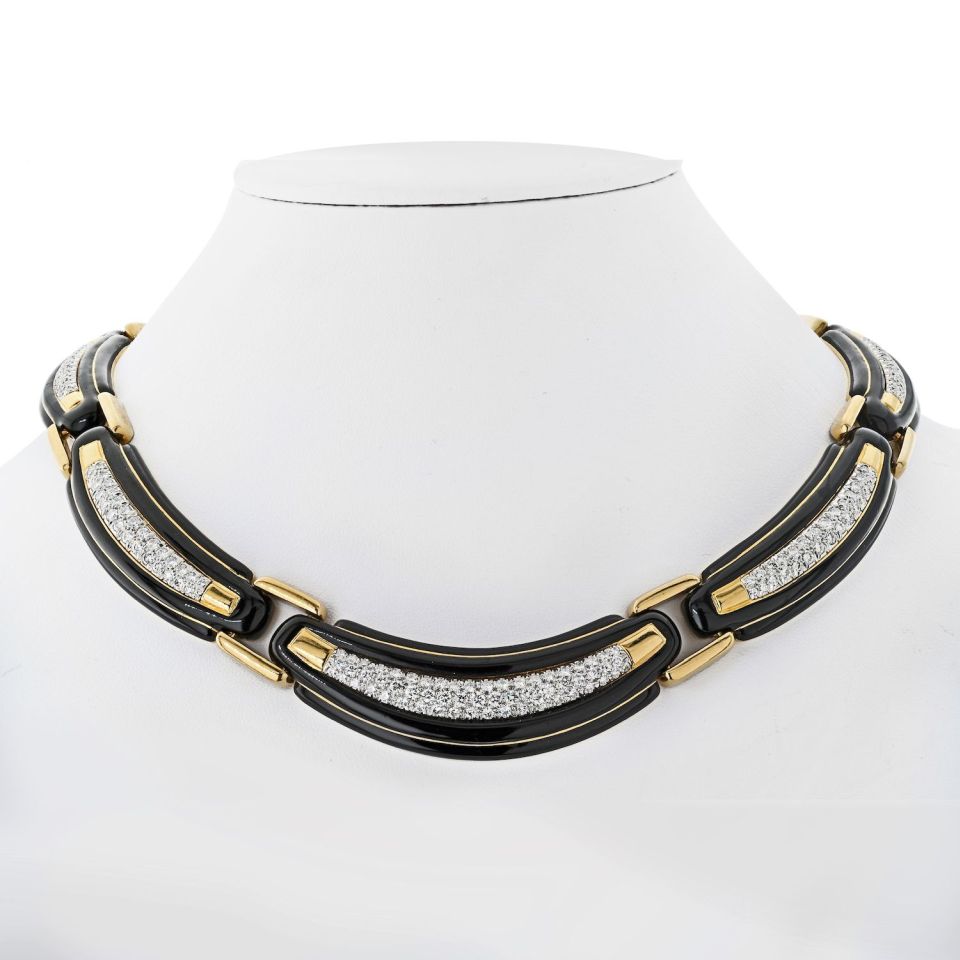 David Webb Collar Platinum & 18K Yellow Gold Black Enamel And Collar Necklace — Laura Milman New York