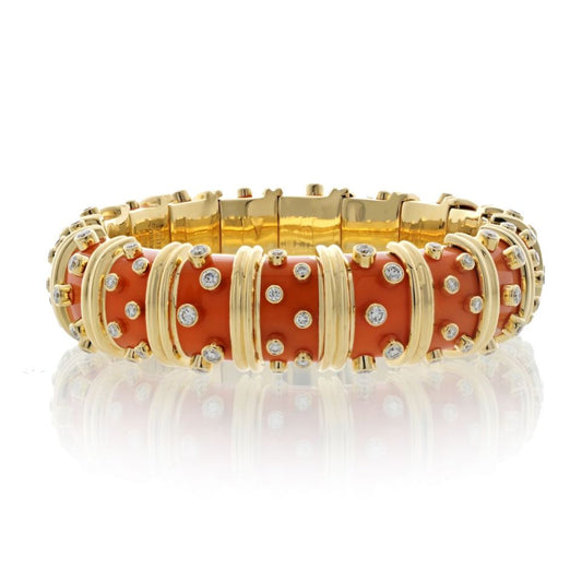 Tiffany Platinum 18K Gold Orange Enamel Diamond Bracelet 123.4g