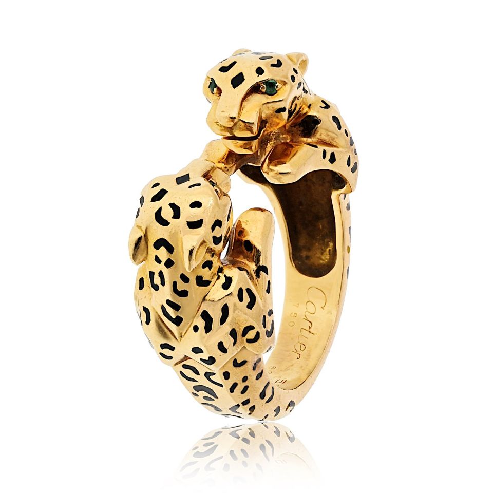 Cartier 18K Yellow Gold Double Panther Ring with Emerald Eyes, Size 6.5