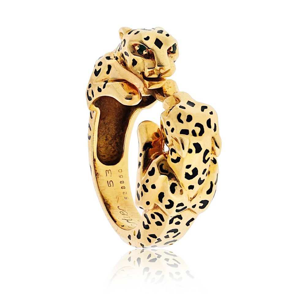 Cartier 18K Yellow Gold Double Panther Ring with Emerald Eyes, Size 6.5