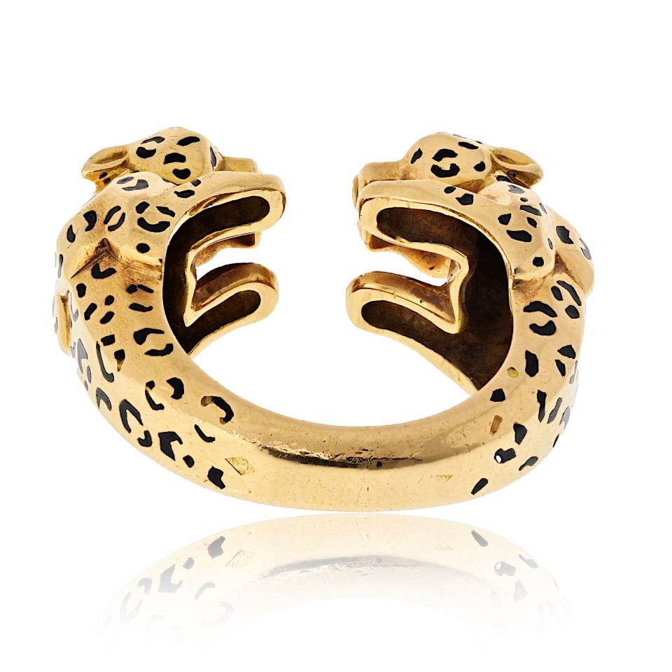 Cartier 18K Yellow Gold Double Panther Ring with Emerald Eyes, Size 6.5