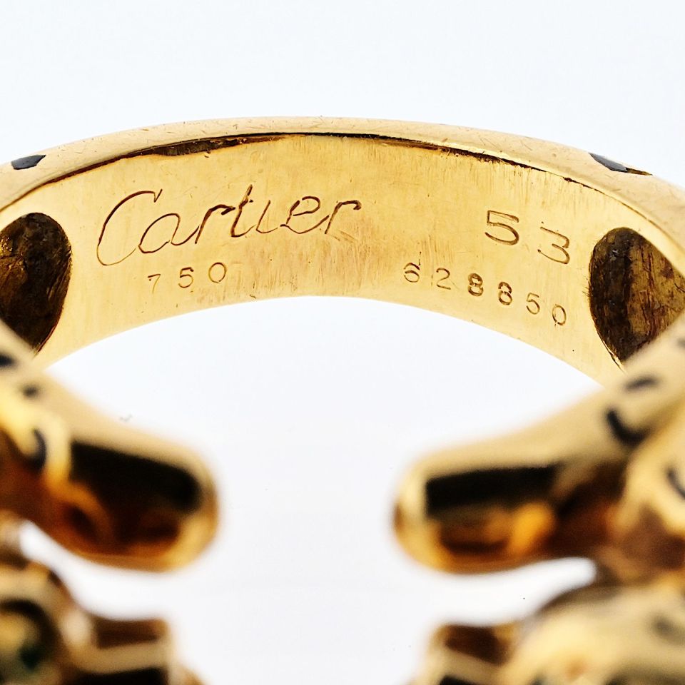 Cartier 18K Yellow Gold Double Panther Ring with Emerald Eyes, Size 6.5