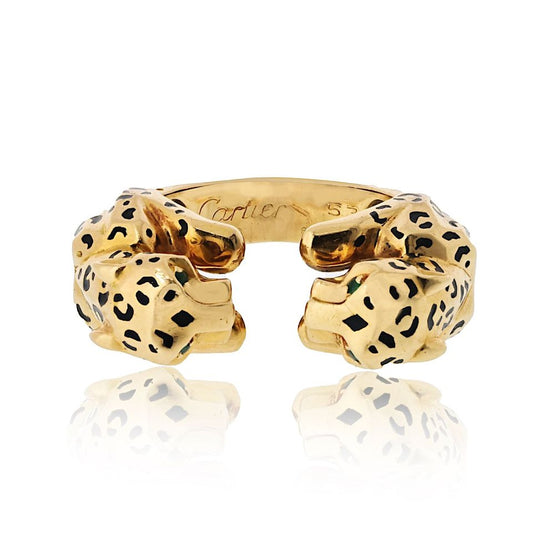 Cartier 18K Yellow Gold Double Panther Ring with Emerald Eyes, Size 6.5