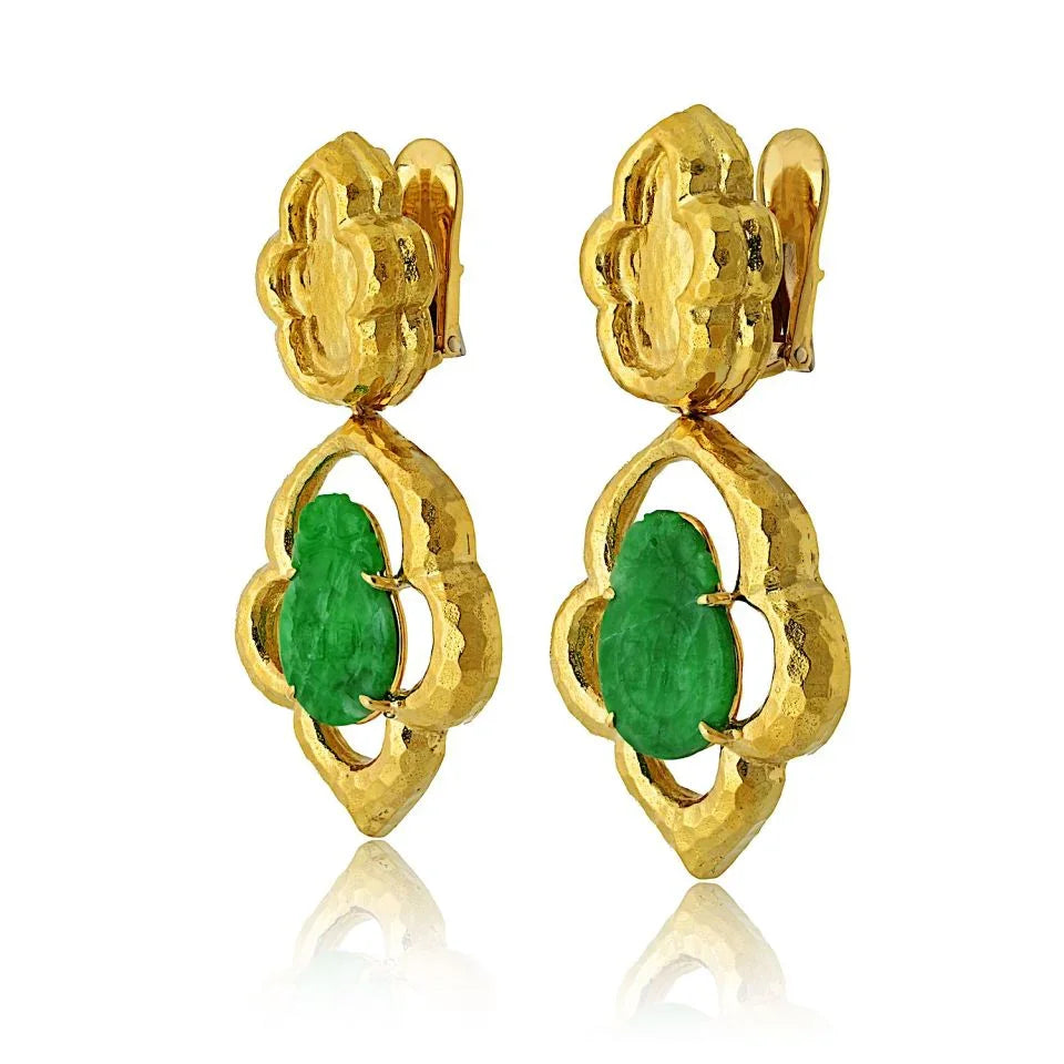 David Webb Platinum & 18K Yellow Gold Jade Textured Drop Earrings — view 2 — Laura Milman New York