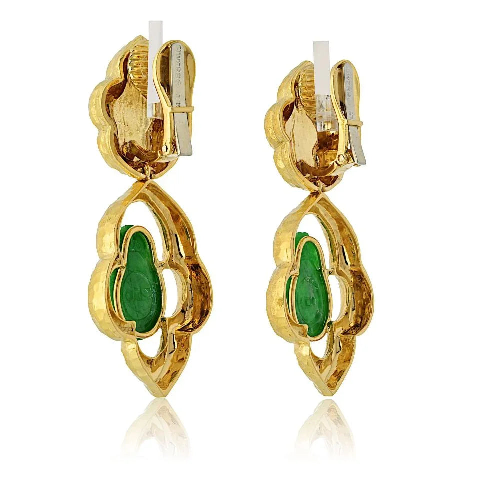 David Webb Platinum & 18K Yellow Gold Jade Textured Drop Earrings — view 3 — Laura Milman New York