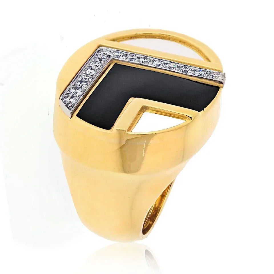 David Webb 18K Yellow Gold Black And White Enamel Diamond Ring — Laura Milman New York