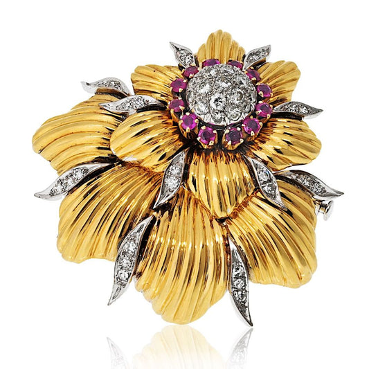 Tiffany Schlumberger 18K Gold Platinum Ruby Diamond Flower Brooch