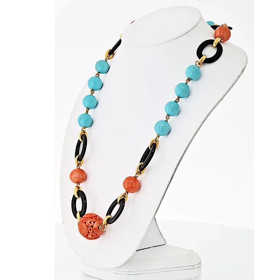 David Webb Platinum & 18K Yellow Gold Coral, Onyx, Turquoise Necklace — view 2 — Laura Milman New York