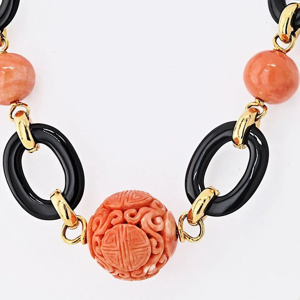 David Webb Platinum & 18K Yellow Gold Coral, Onyx, Turquoise Necklace — view 3 — Laura Milman New York