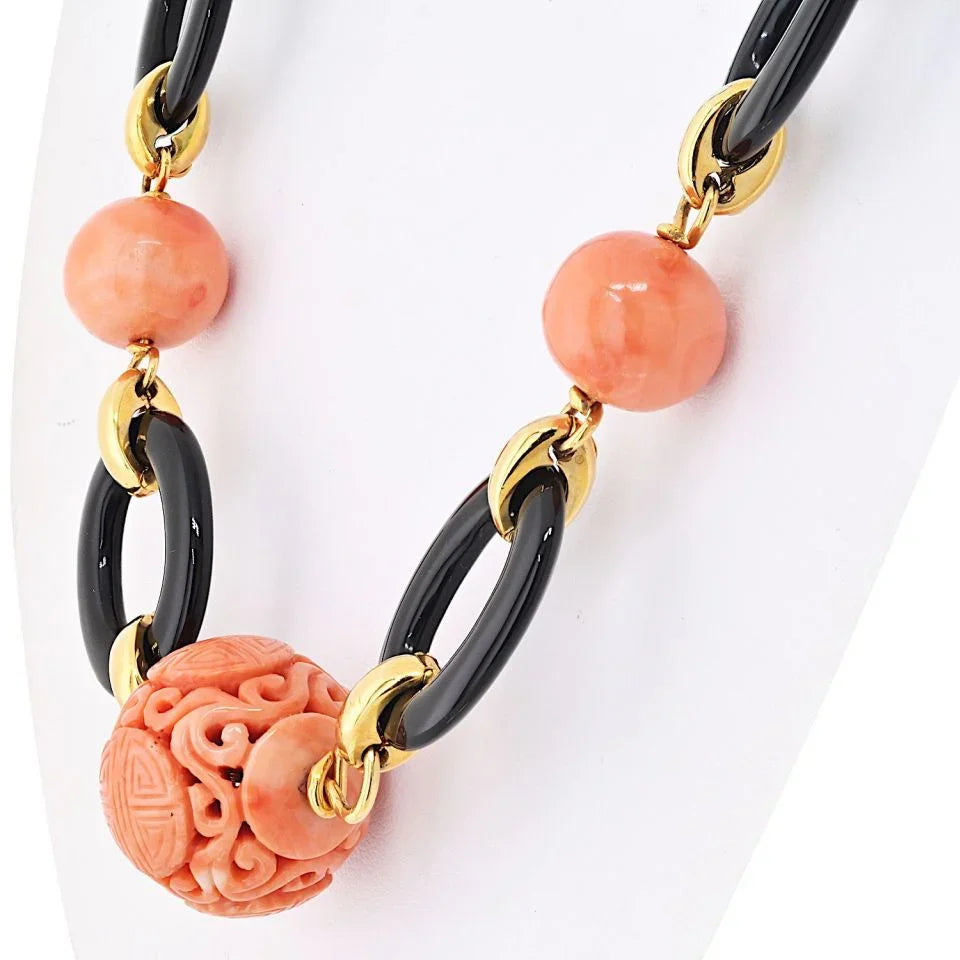 David Webb Platinum & 18K Yellow Gold Coral, Onyx, Turquoise Necklace — view 4 — Laura Milman New York