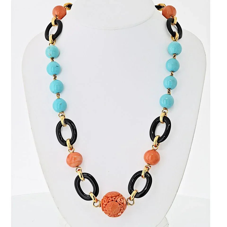 David Webb Platinum & 18K Yellow Gold Coral, Onyx, Turquoise Necklace — Laura Milman New York