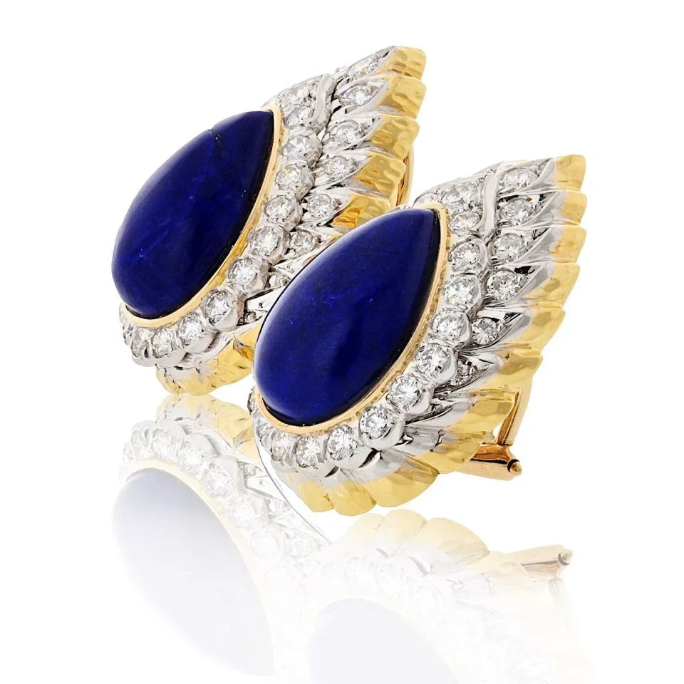 David Webb Platinum & 18K Yellow Gold Cabochon Pear Shaped Lapis And Diamond Clip Earrings — view 2 — Laura Milman New York